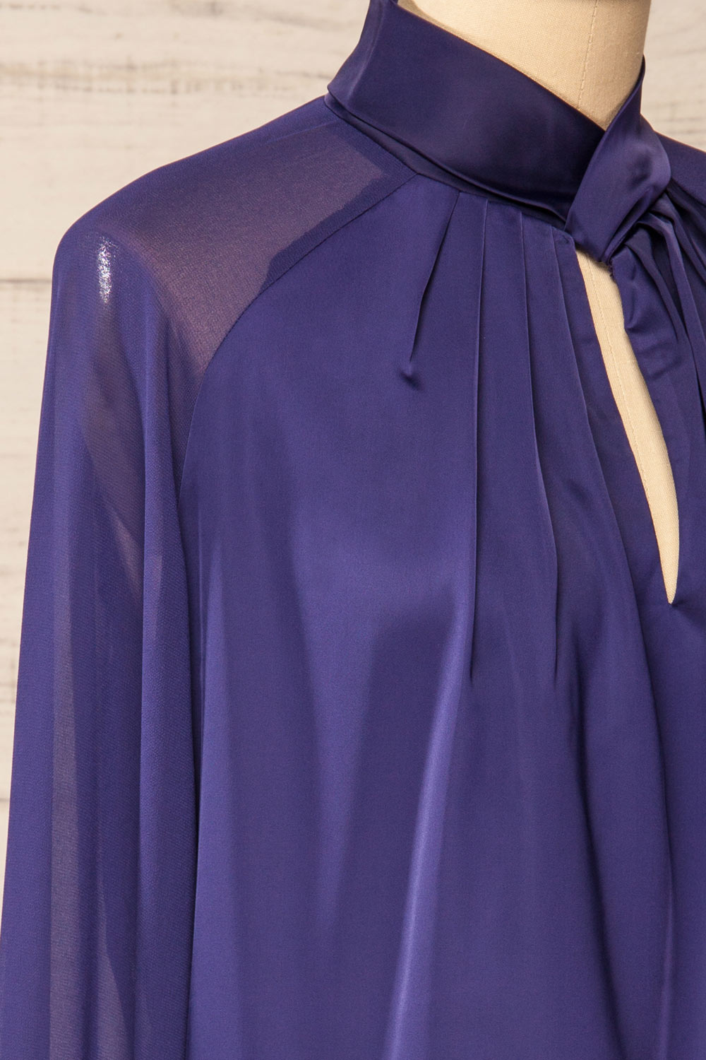 Rumoi Navy Silky Blouse w/ Sheer Sleeves | La petite garçonne side close-up