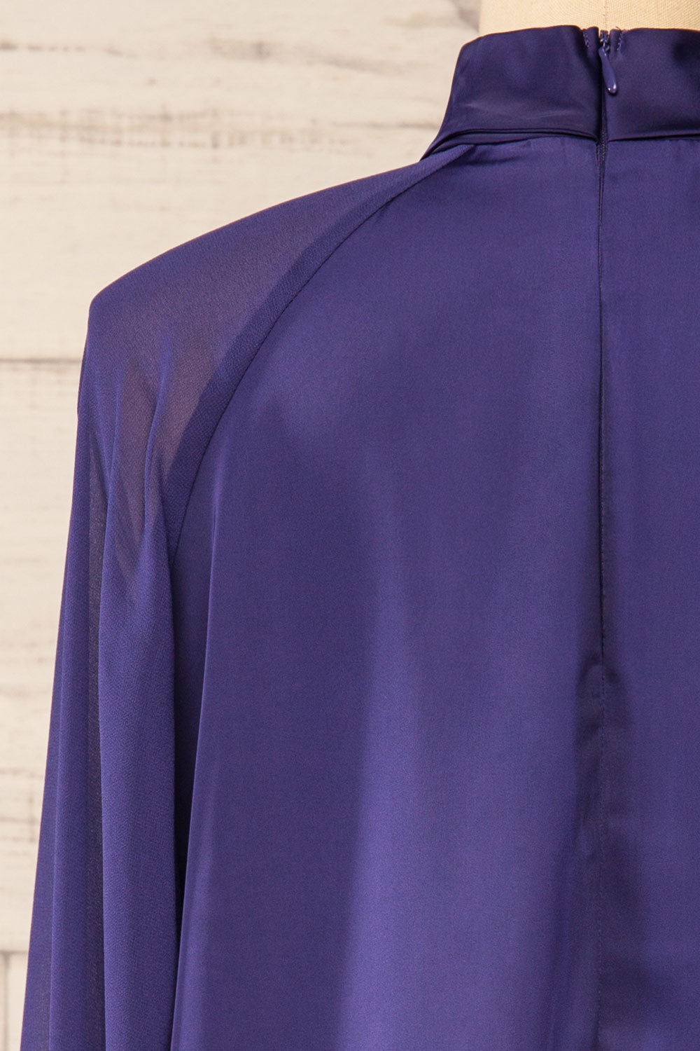 Rumoi Navy Silky Blouse w/ Sheer Sleeves | La petite garçonne back close-up