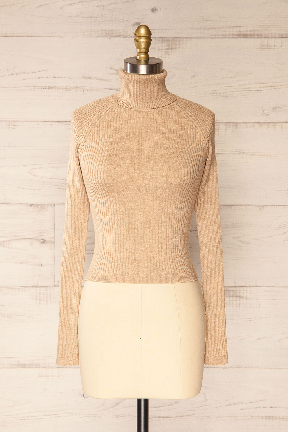 Rundu Beige Ribbed Turtleneck Fitted Top | La petite garçonne front view