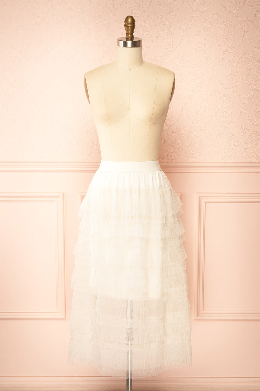 Runia White Long Tiered Mesh Skirt | Boutique 1861 front view