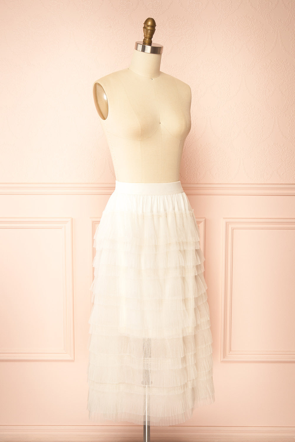 Runia White Long Tiered Mesh Skirt | Boutique 1861 side view