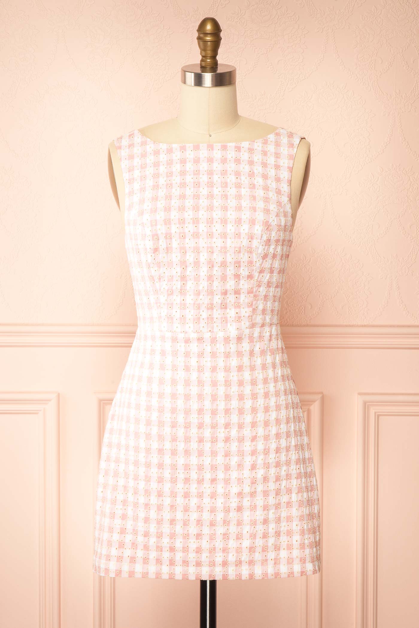 Sabinna | Pink Gingham Broderie Mini Dress with Back Tie