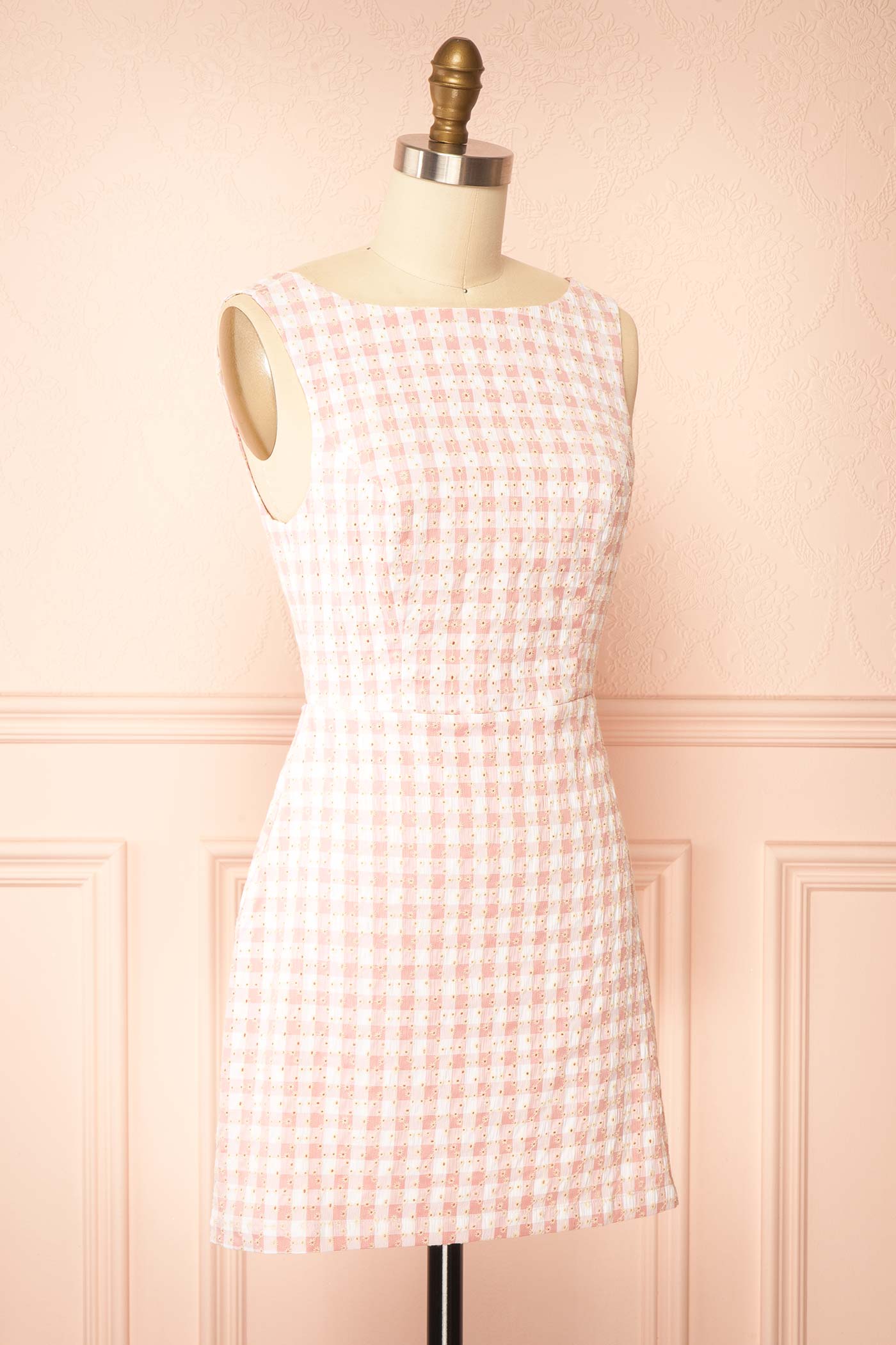 Sabinna | Pink Gingham Broderie Mini Dress with Back Tie