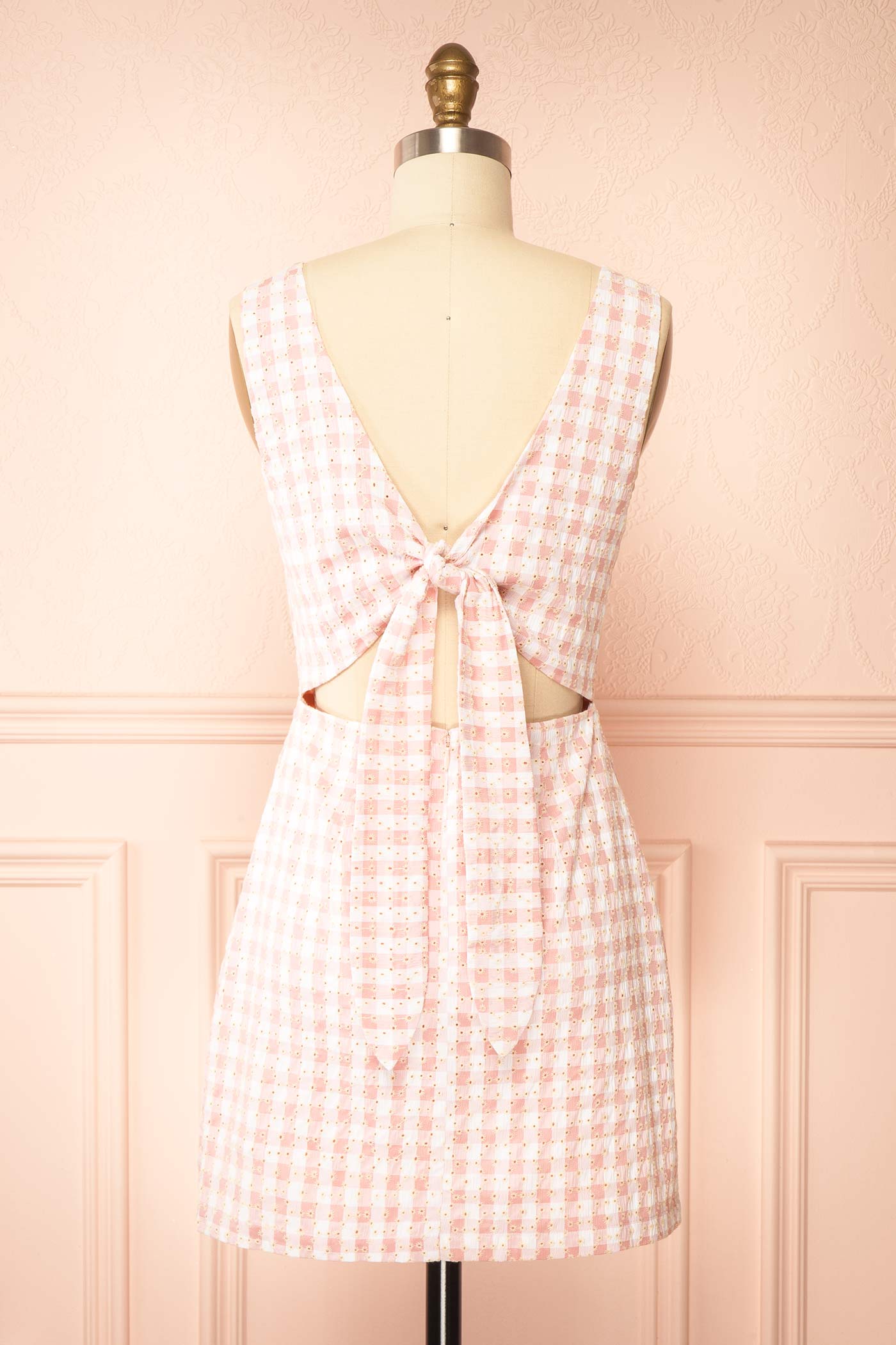Sabinna | Pink Gingham Broderie Mini Dress with Back Tie
