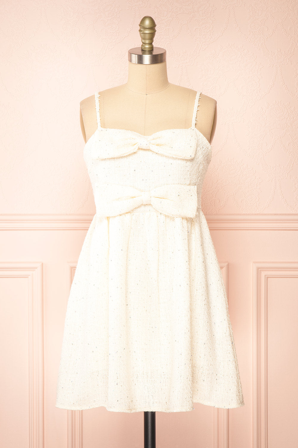 Sabrina Short Cream Tweed Dress w/ Bows | Boutique 1861 front view