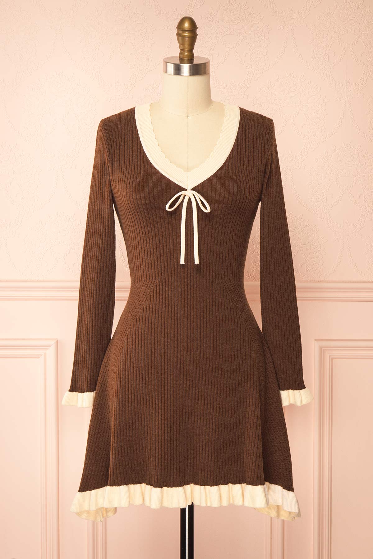 front view of Sabrinne Brown Ribbed Knit Long Sleeve Mini Dress with Contrast Ruffle Trim at Boutique 1861