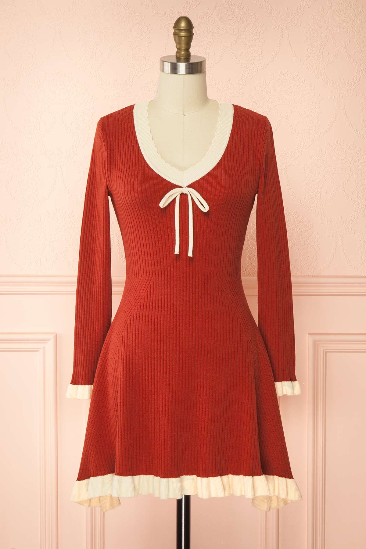 front view of Sabrinne Red Ribbed Knit Long Sleeve Mini Dress with Contrast Ruffle Trim at Boutique 1861