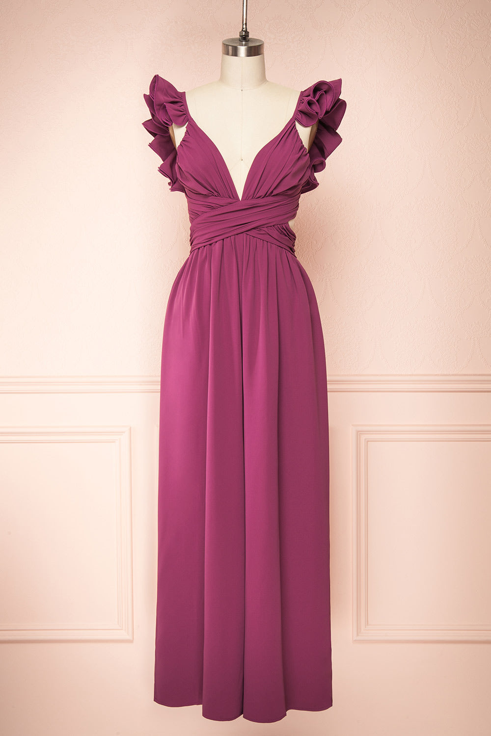 Saffira Deep Purple Jumpsuit w/ Ruffled Straps | Boutique 1861 front view