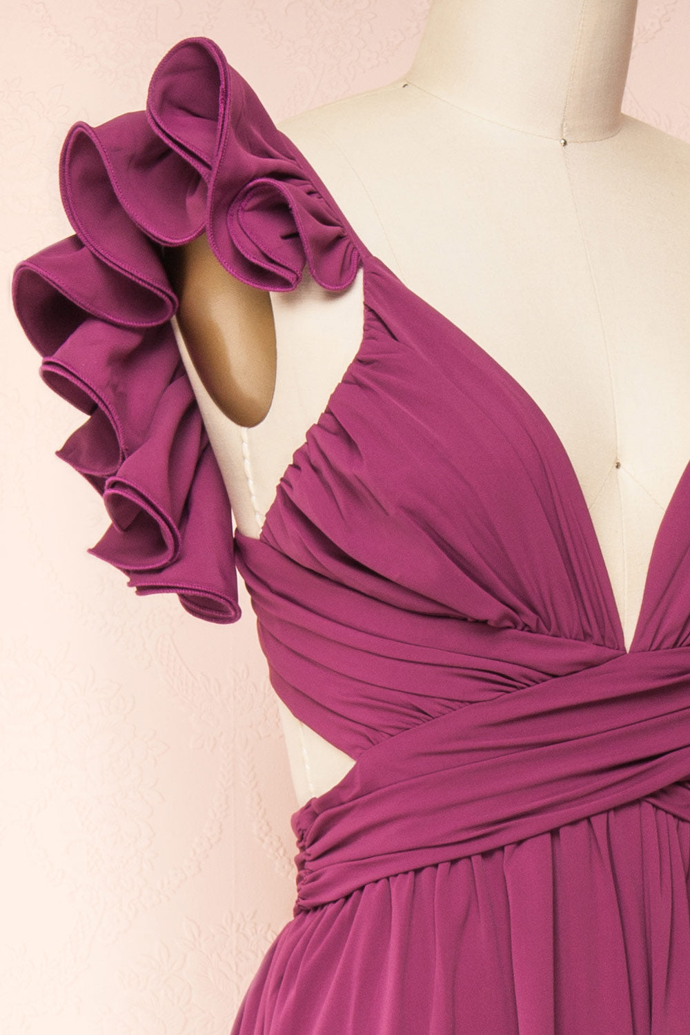 Saffira Deep Purple Jumpsuit w/ Ruffled Straps | Boutique 1861 side close-up