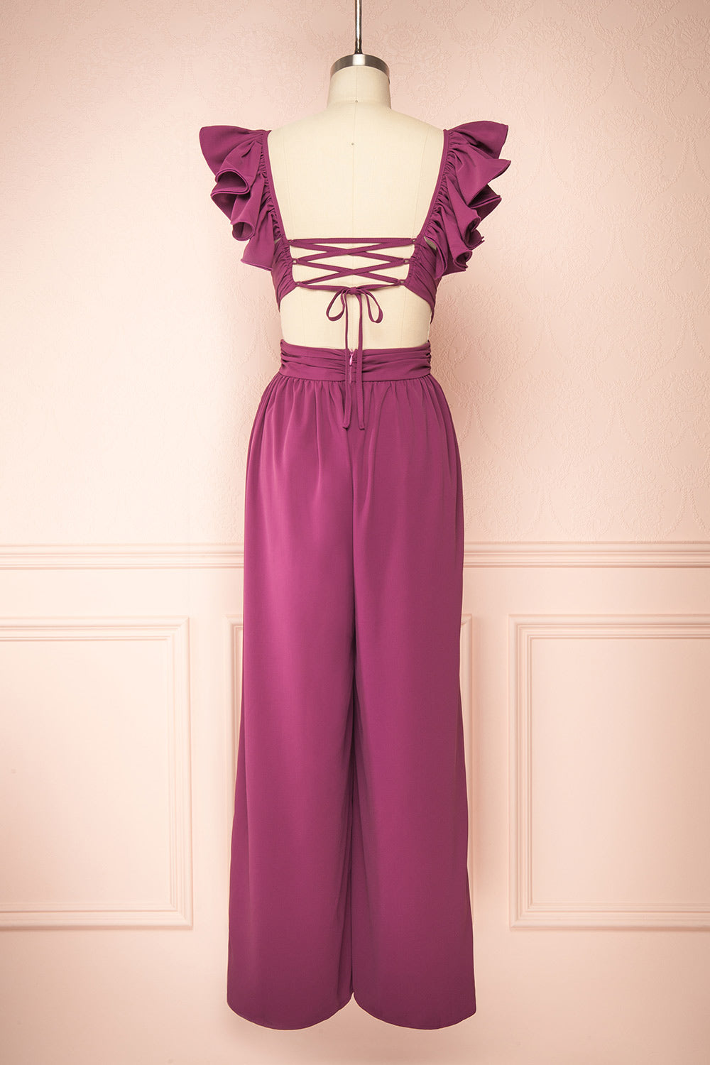 Saffira Deep Purple Jumpsuit w/ Ruffled Straps | Boutique 1861 back view