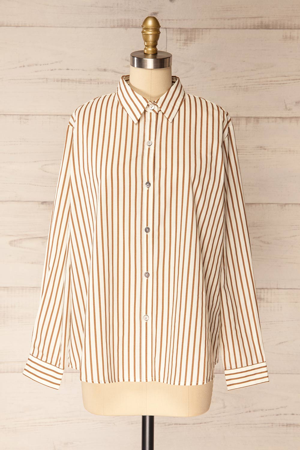 Safire Brown Oversized Striped Cotton Shirt | La petite garçonne front view
