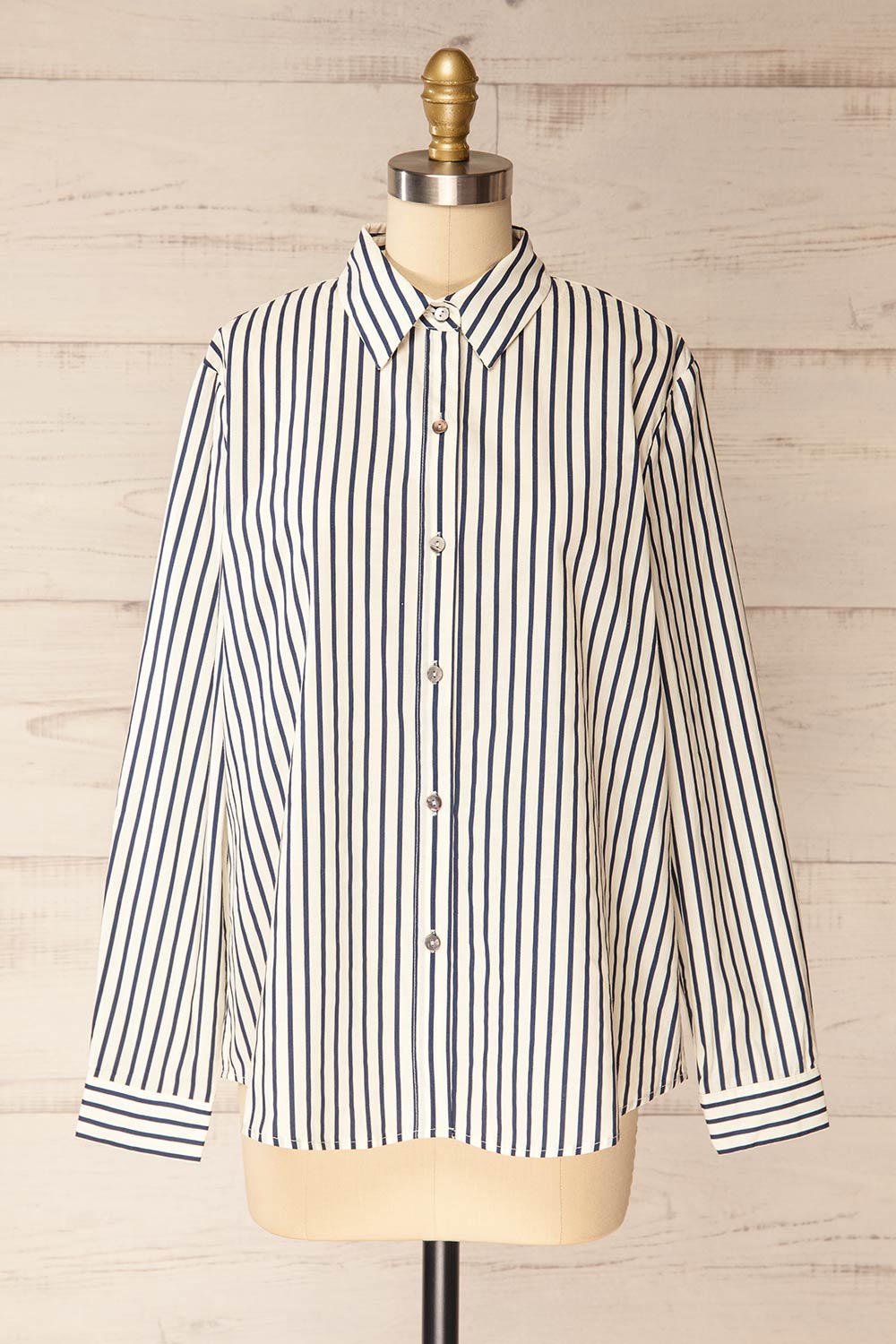 Safire Navy Oversized Striped Cotton Shirt | La petite garçonne front view