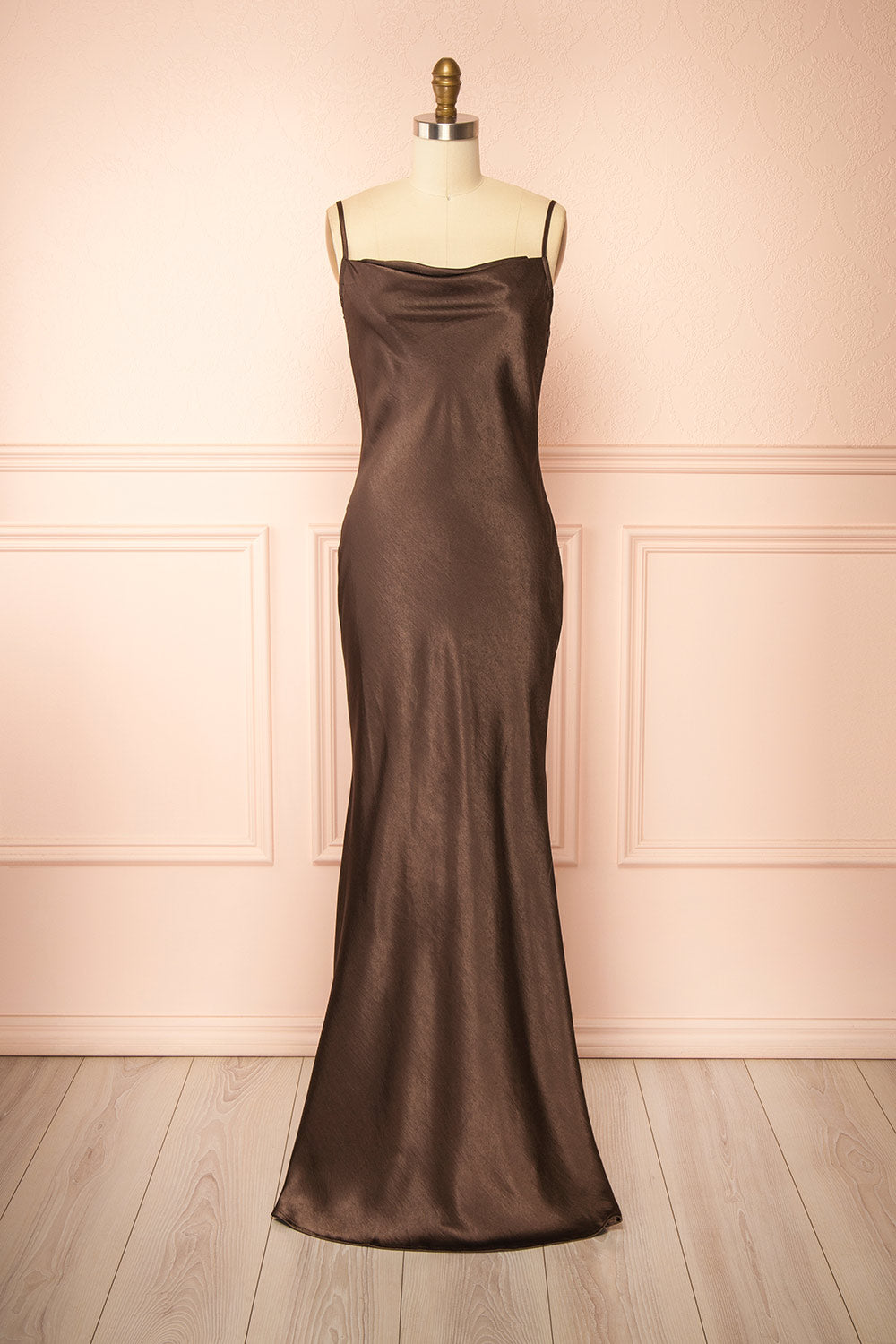 front view of a Mannequin wearing the Safiya brown Satin Maxi Dress with Faux Fur Shawl from boutique 1861