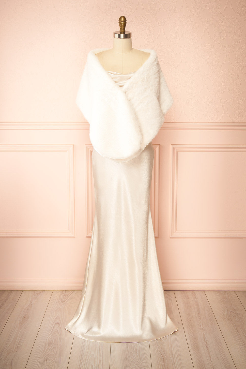 Safiya Ivory | Satin Maxi Dress with Faux Fur Shawl