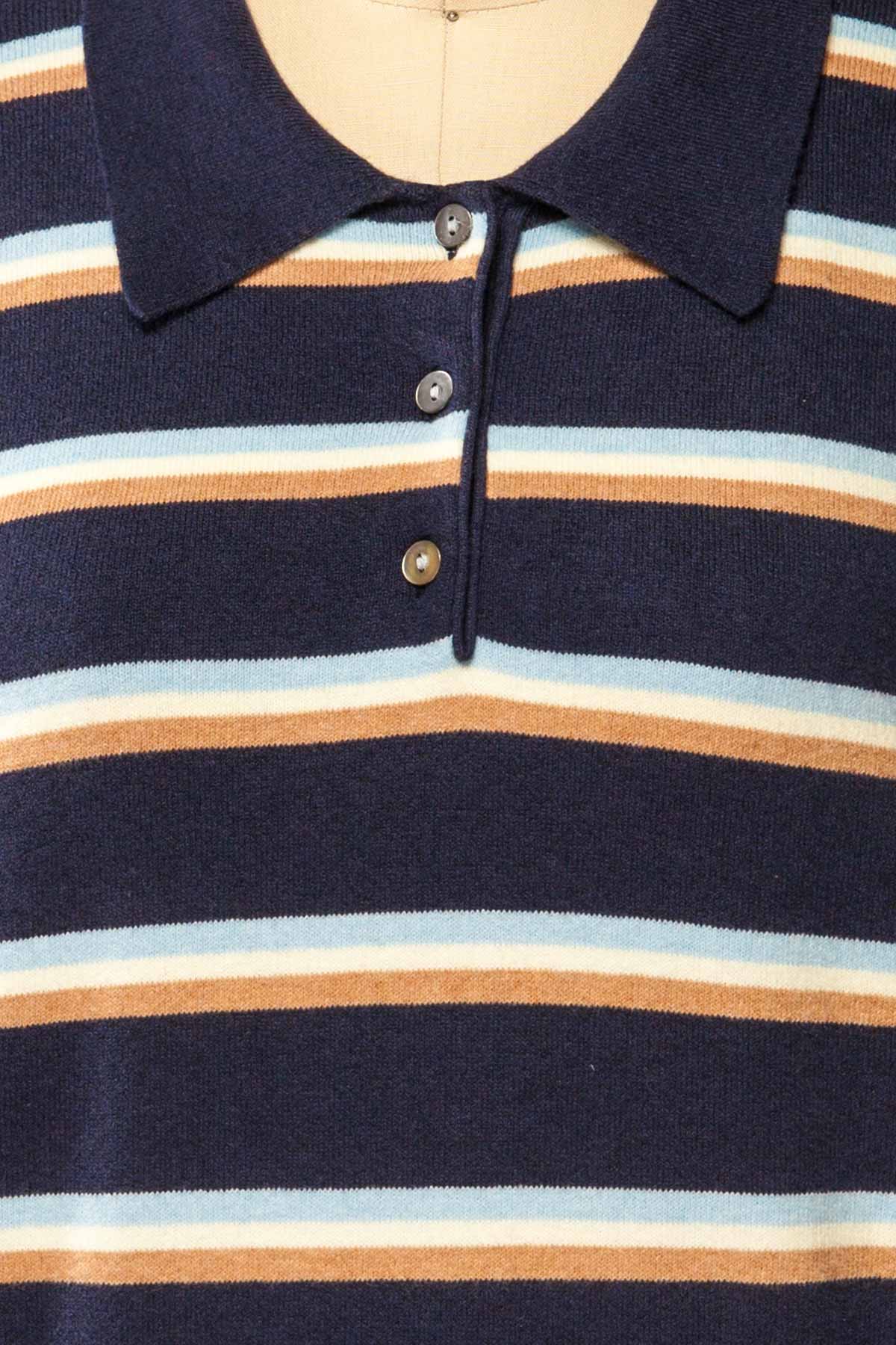 fabric view of Sahuayo Navy Striped Long Sleeve Polo Top at La petite garçonne