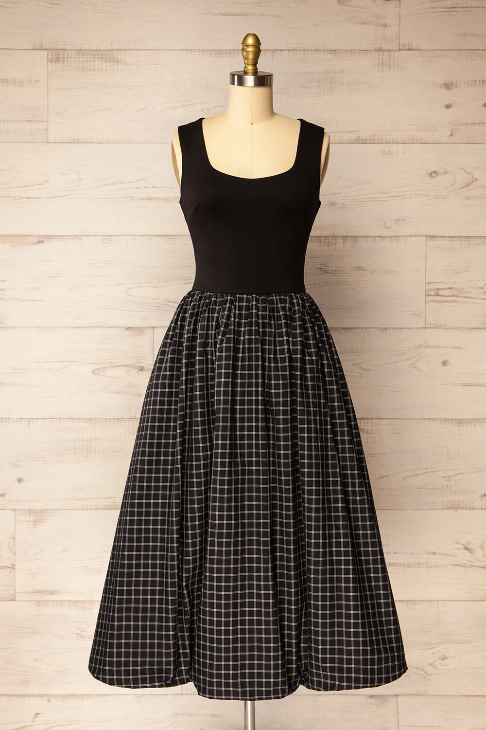 Salem Maxi Black Dress with Plaid Ballon Skirt | La petite garçonne front view