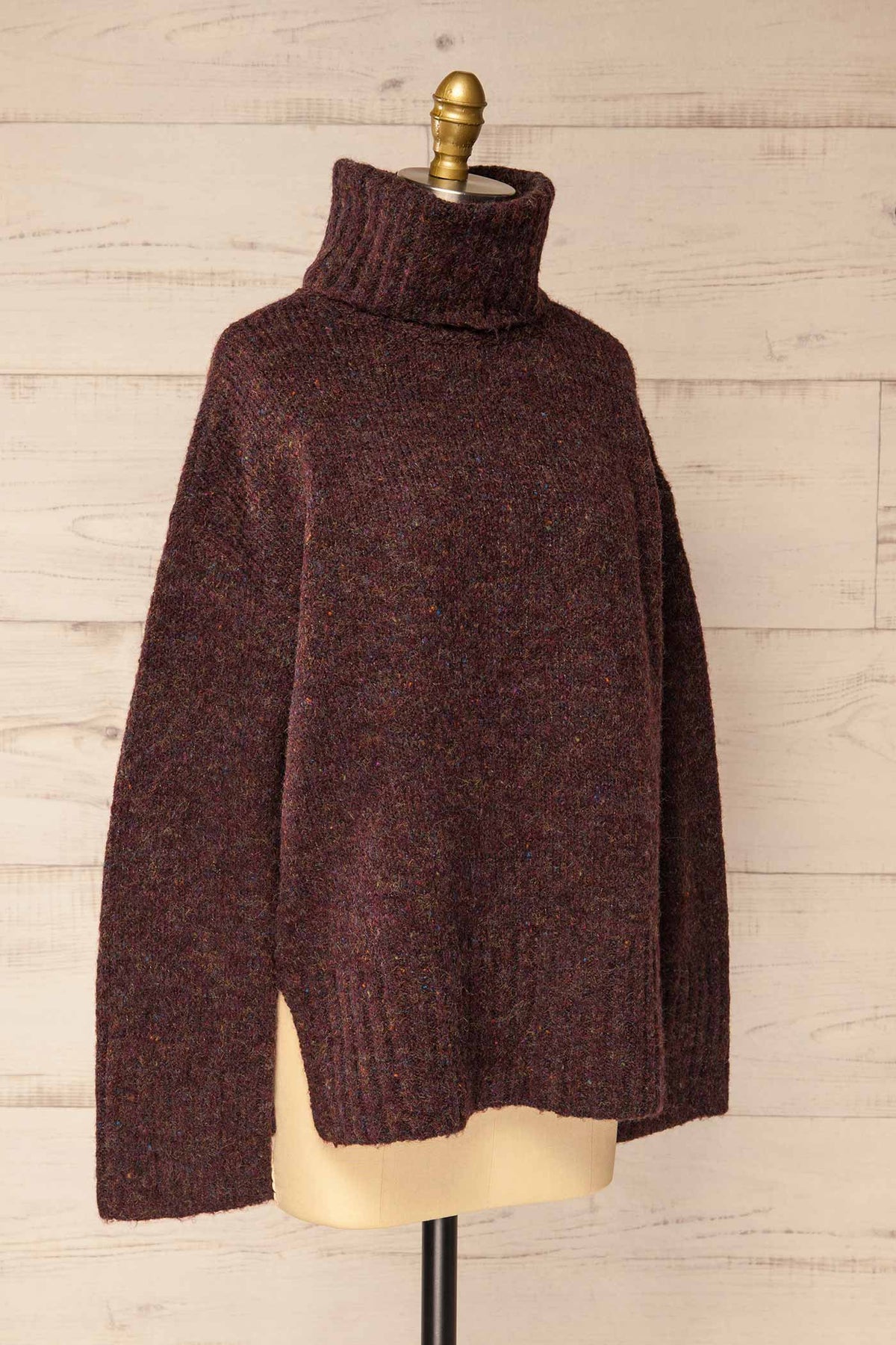 side view of Salvarie Burgundy Turtleneck Marled Knit Sweater at La petite garçonne