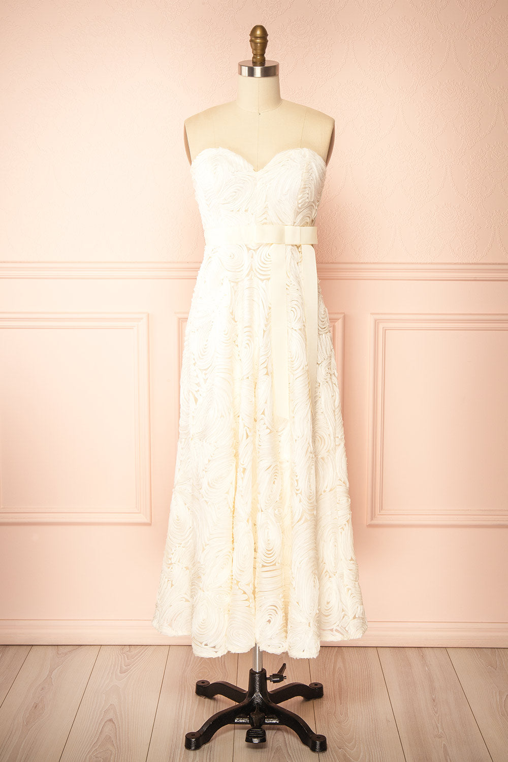 Samarah Midi Ivory Dress with Swirling Textured Pattern | Boudoir 1861 front view