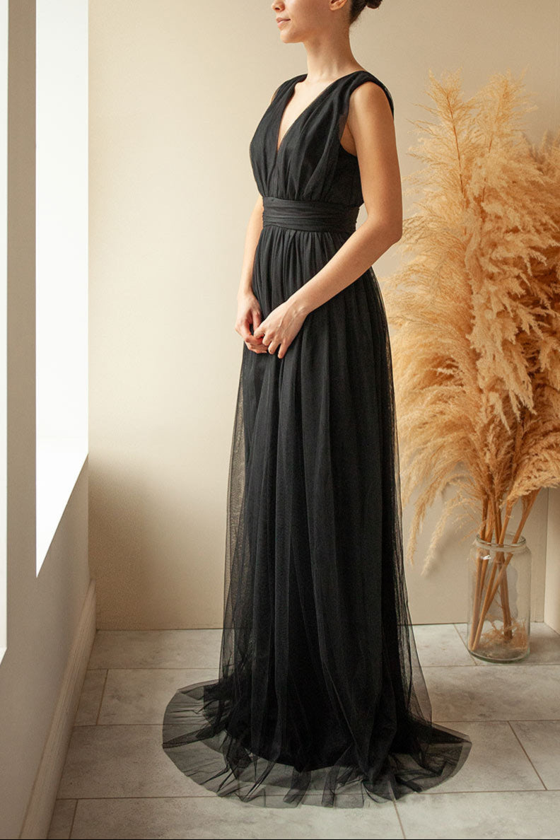 Samina Black Tulle Maxi Dress w/ Plunging Neckline | Boudoir 1861 model
