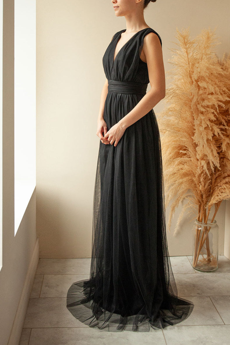 Samina Burgundy Tulle Maxi Dress w/ Plunging Neckline | Boudoir 1861 model