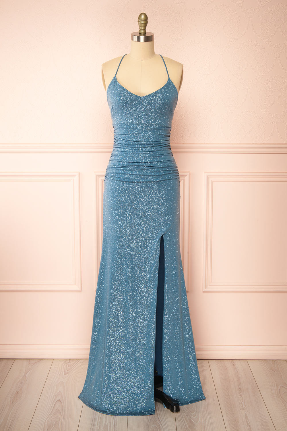 Samira Blue Grey Sparkly Mermaid Maxi Dress with Slit Boutique 1861