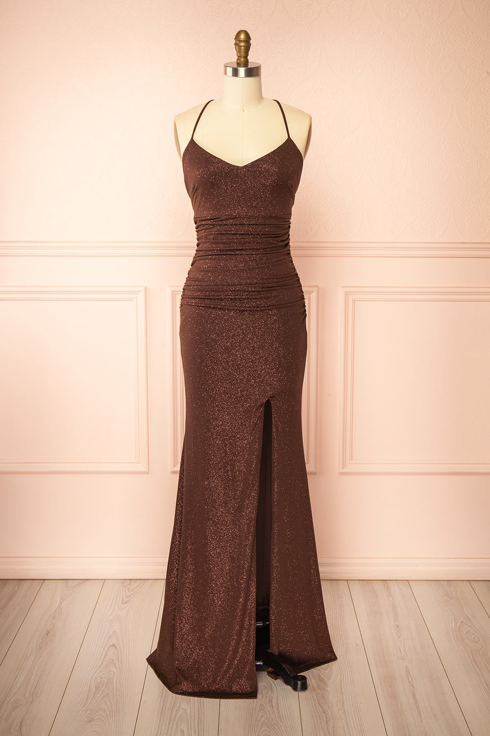 knee length dresses for ladies Cordelia Sequin Maxi Dress in Brown