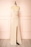 Samira Champagne Sparkly Mermaid Maxi Dress w/ Slit | Boutique 1861 front view