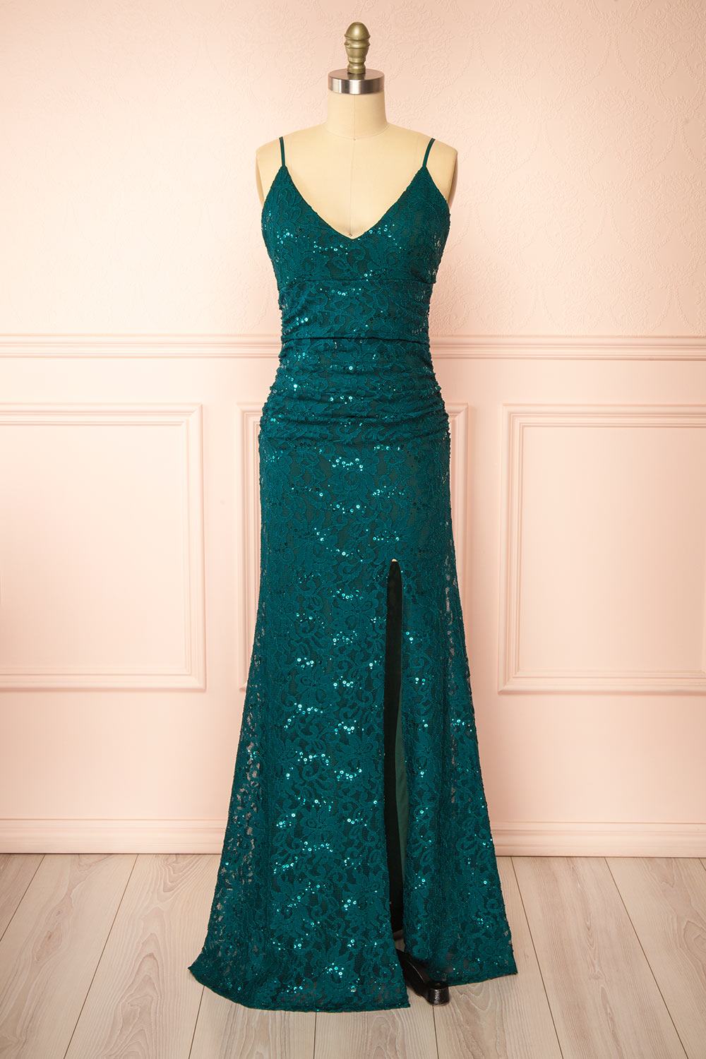 slim fit dress slacks Samy Green Sparkly Lace Mermaid Dress w/ Slit