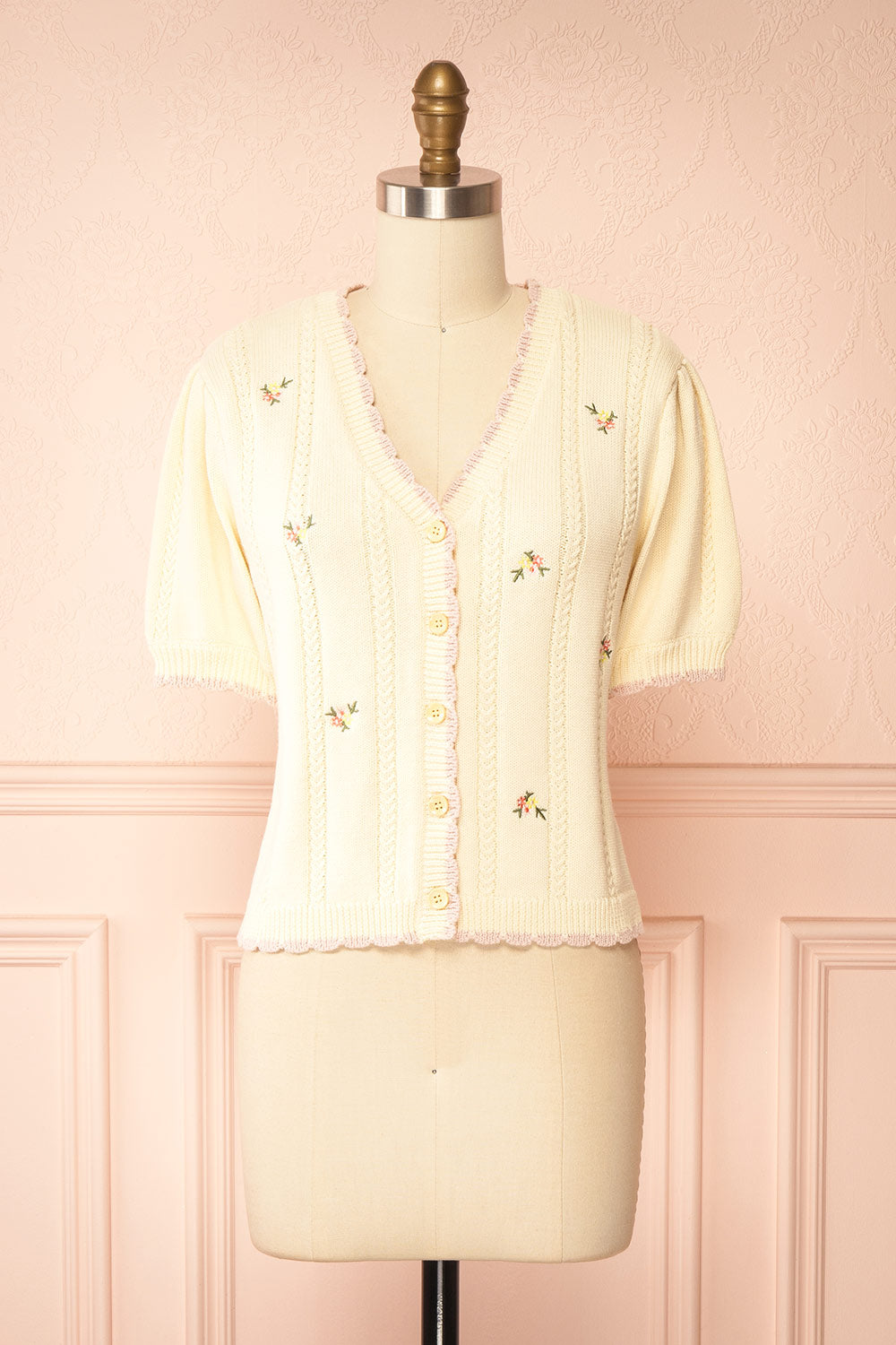 Sanae Cream Floral Embroidered Scallop Edge Knit Cardigan | Boutique 1861 front view