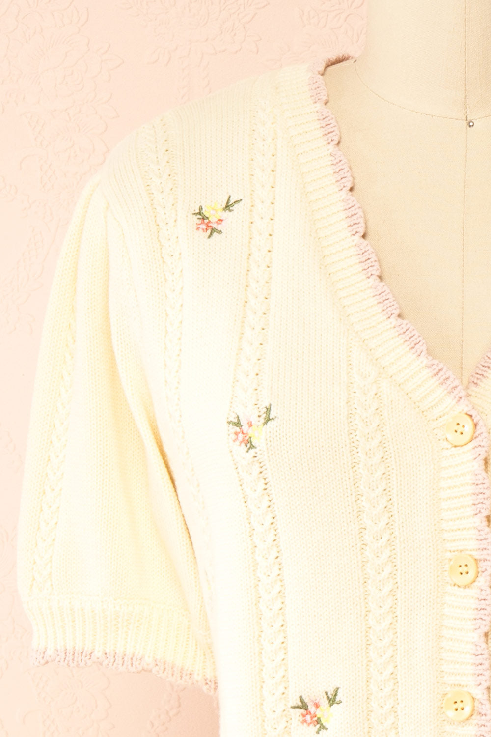 Sanae Cream Floral Embroidered Scallop Edge Knit Cardigan | Boutique 1861 front