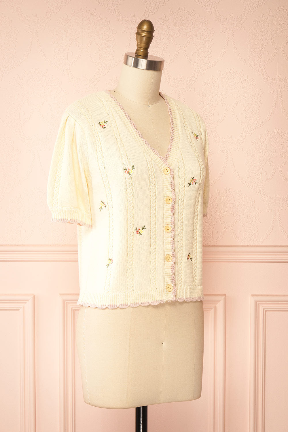 Sanae Cream Floral Embroidered Scallop Edge Knit Cardigan | Boutique 1861 side view