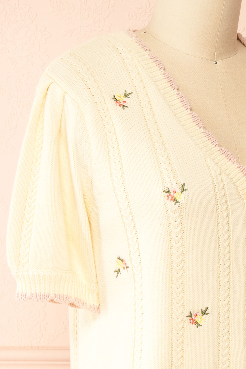 Sanae Cream Floral Embroidered Scallop Edge Knit Cardigan | Boutique 1861 side