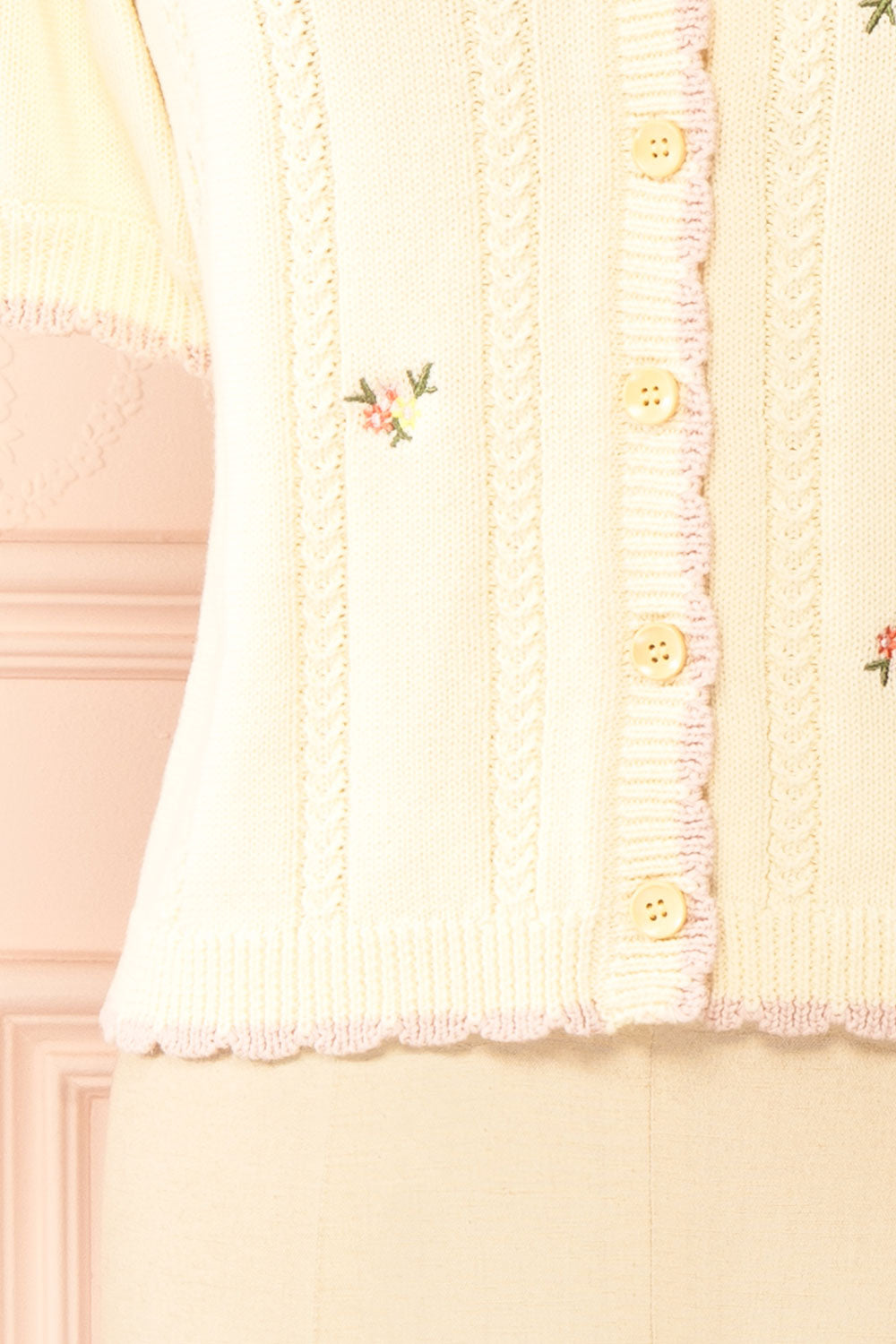 Sanae Cream Floral Embroidered Scallop Edge Knit Cardigan | Boutique 1861 bottom