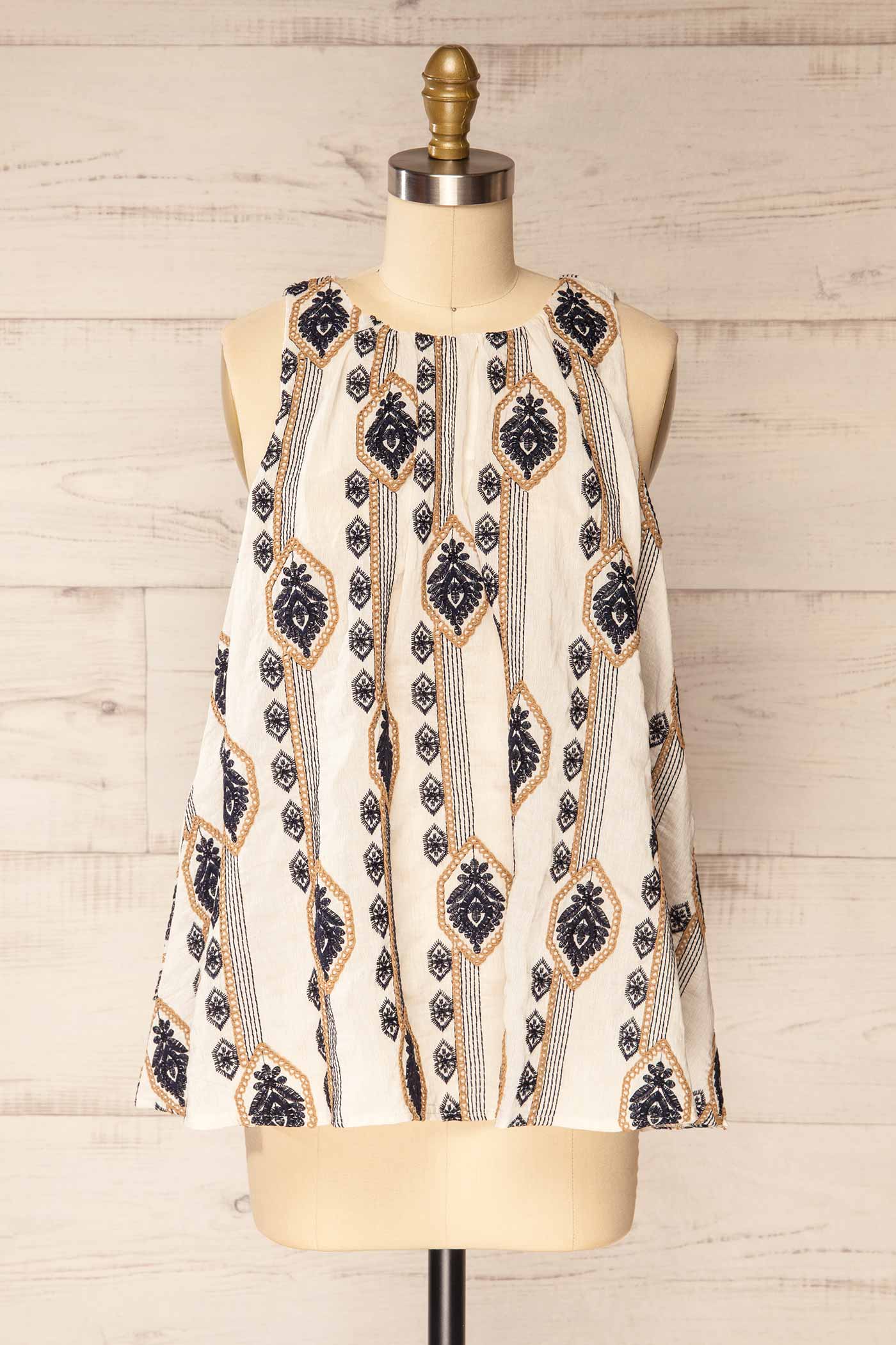 Frontview Sancole Ivory High-Neck Blouse Geometric Embroidery at la petite garçonne