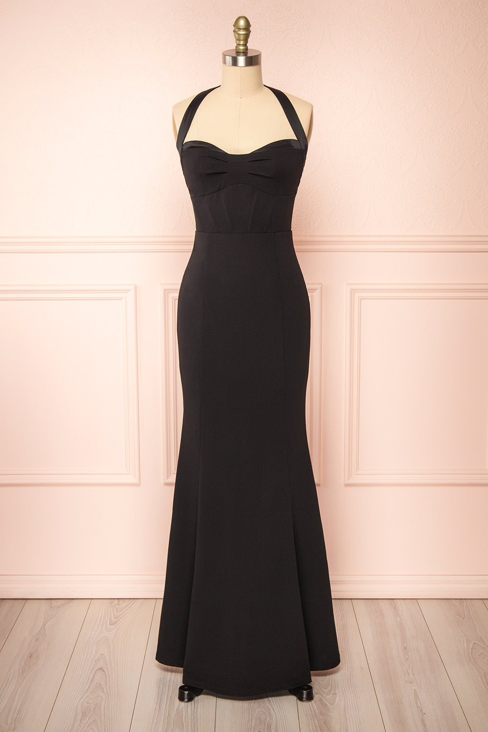 Sandra Black Halter Mermaid Maxi Dress w/ Open Back | Boutique 1861 front view