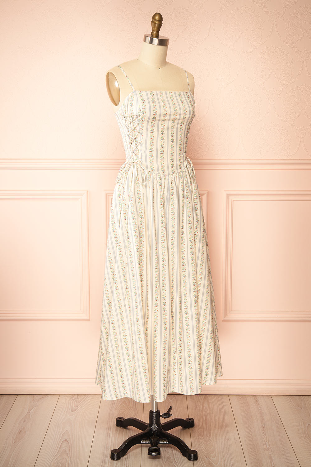 Saratou Floral Stripe Maxi Dress with Side Lace-Up Detail | Boutique 1861 side view