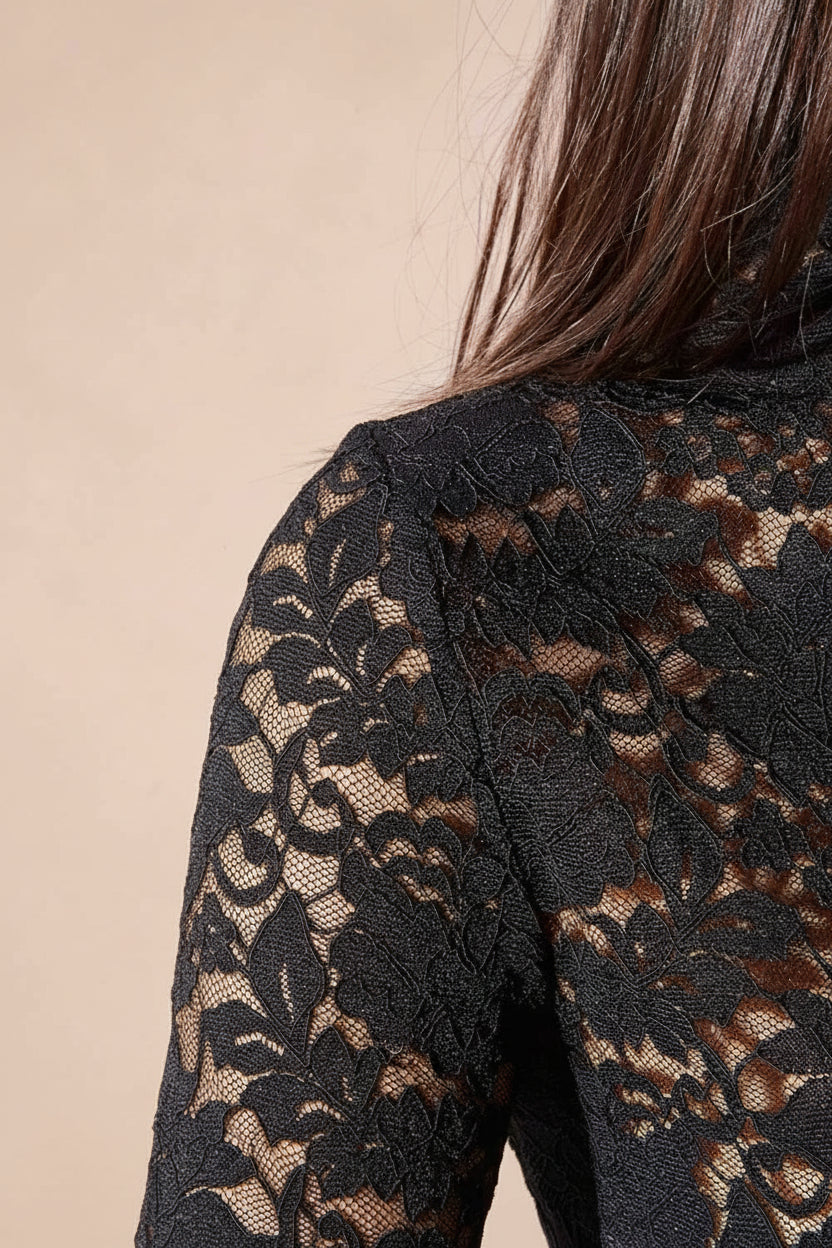 Sarida Black Sheer Fitted Lace Top | Boutique 1861 close-up model