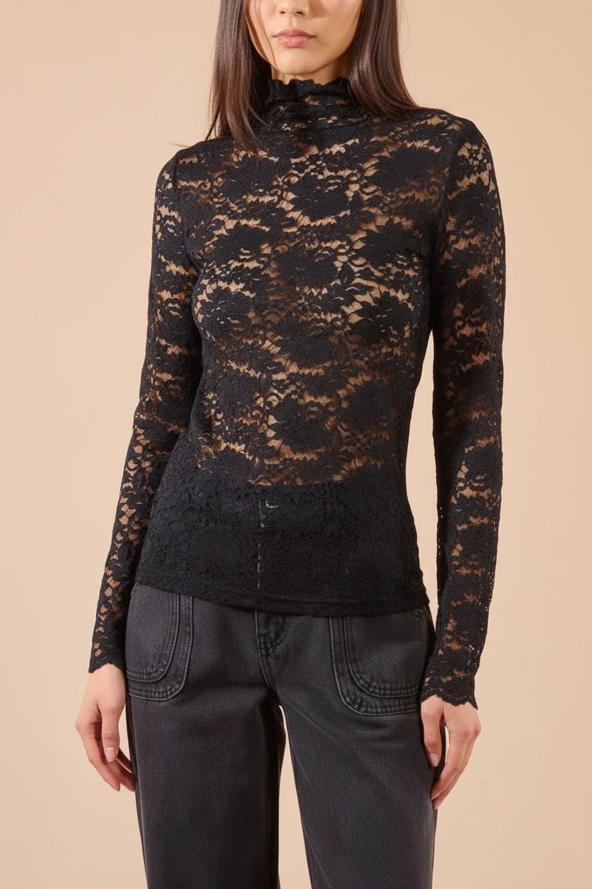 Sarida Black Sheer Fitted Lace Top | Boutique 1861 front model