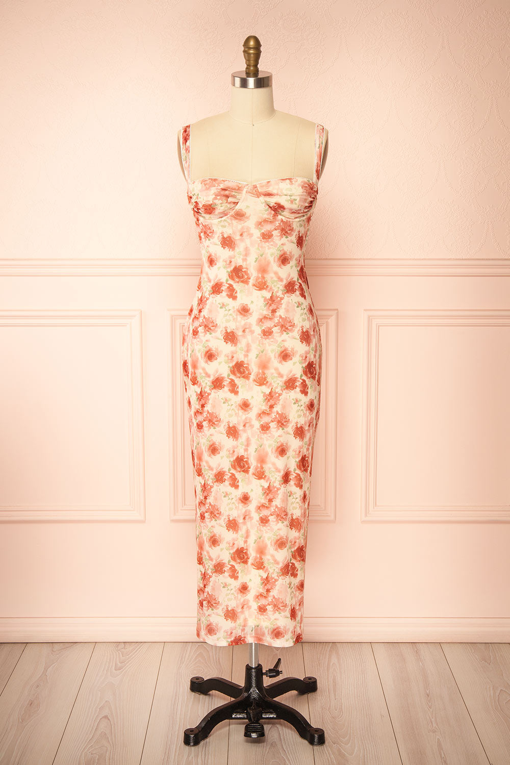Sarina Pink Fitted Bustier Mesh Midi Dress with Floral Motif | Boutique 1861 front view
