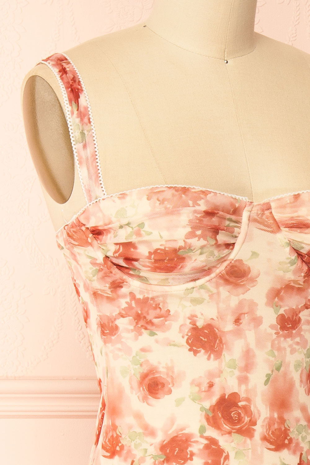 Sarina Pink Fitted Bustier Mesh Midi Dress with Floral Motif | Boutique 1861 side