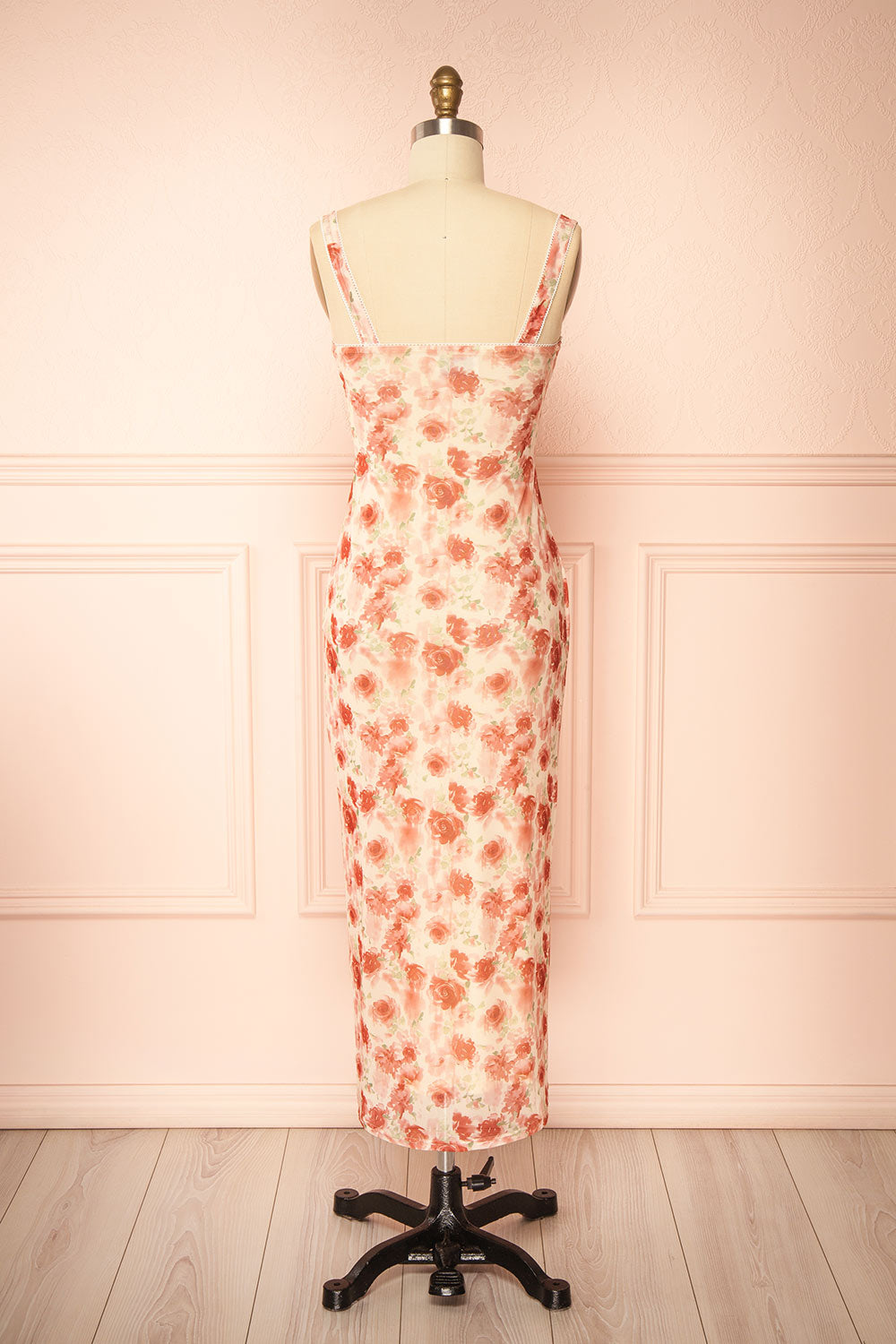 Sarina Pink Fitted Bustier Mesh Midi Dress with Floral Motif | Boutique 1861 back view