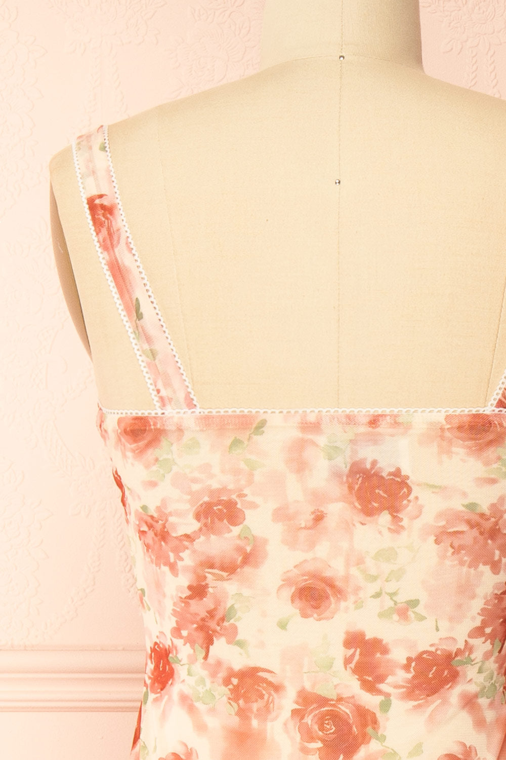 Sarina Pink Fitted Bustier Mesh Midi Dress with Floral Motif | Boutique 1861 back