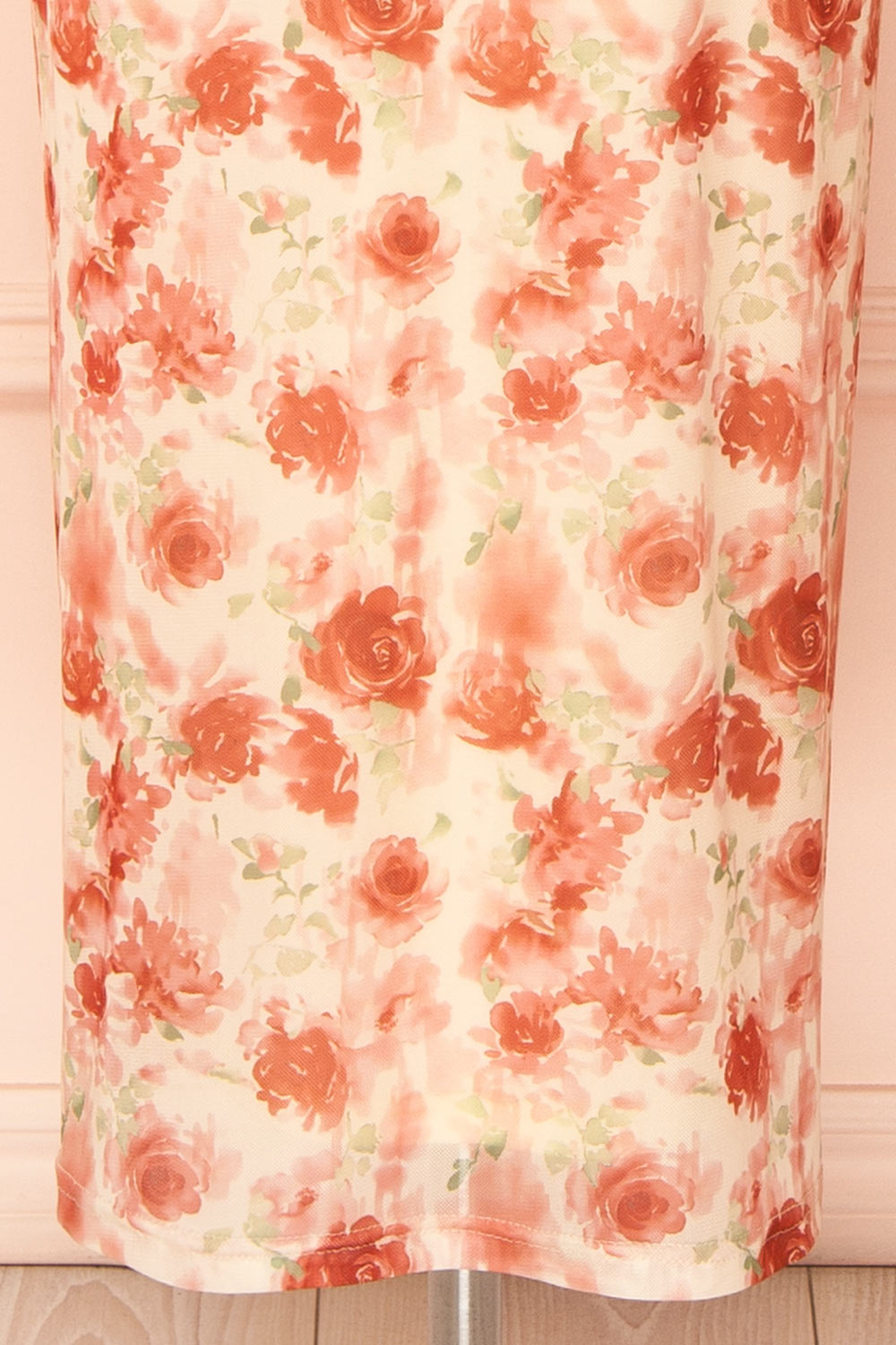 Sarina Pink Fitted Bustier Mesh Midi Dress with Floral Motif | Boutique 1861 bottom