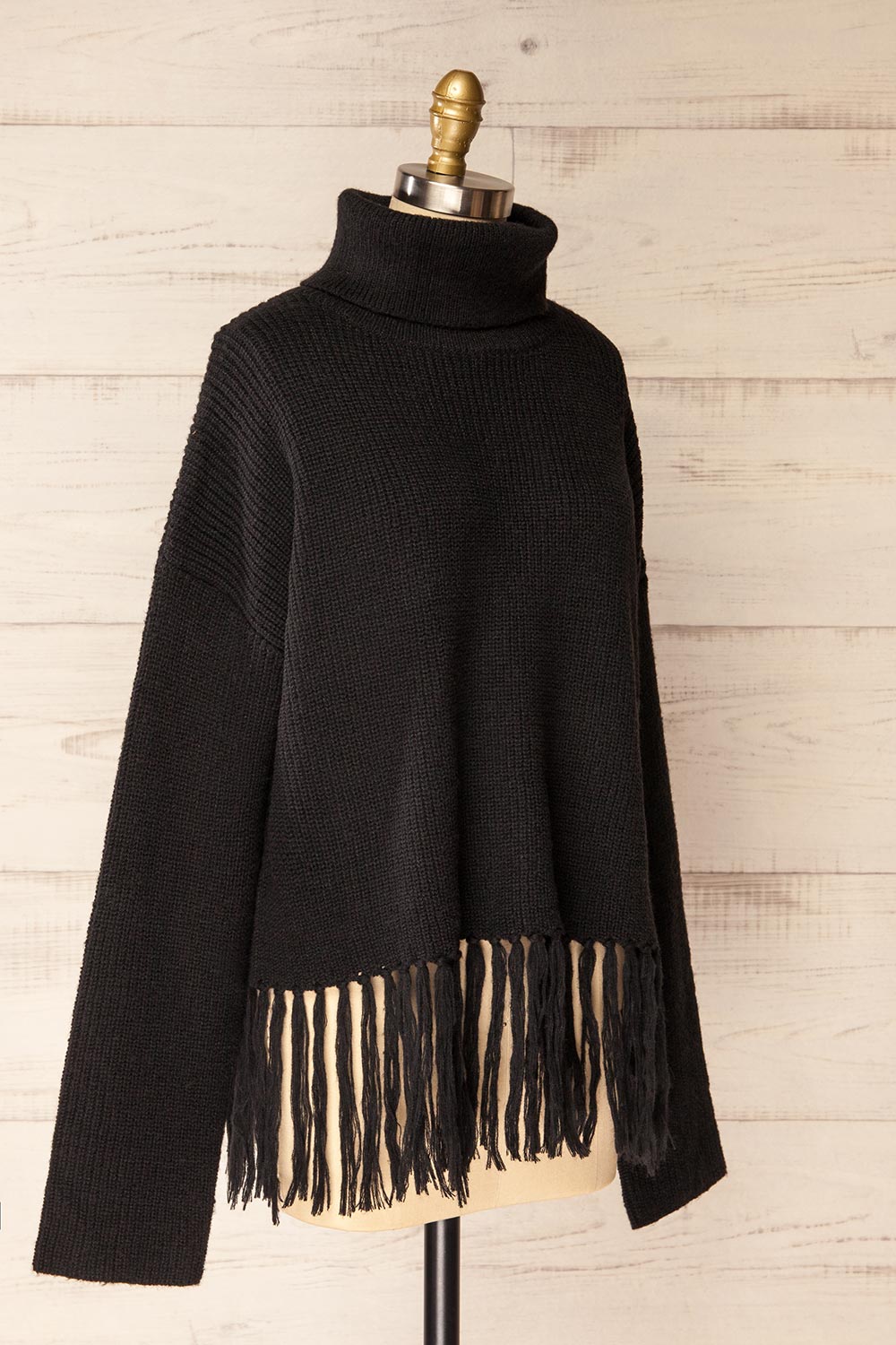 Sauzon Black Oversized Turtleneck Sweater with Fringes | La petite garçonne side view