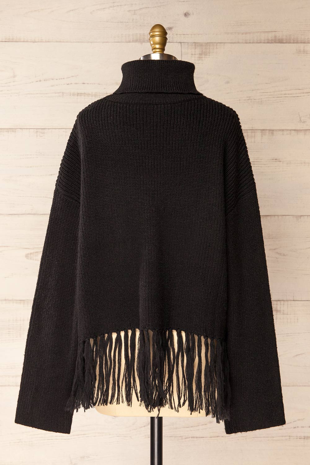 Sauzon Black Oversized Turtleneck Sweater with Fringes | La petite garçonne back view