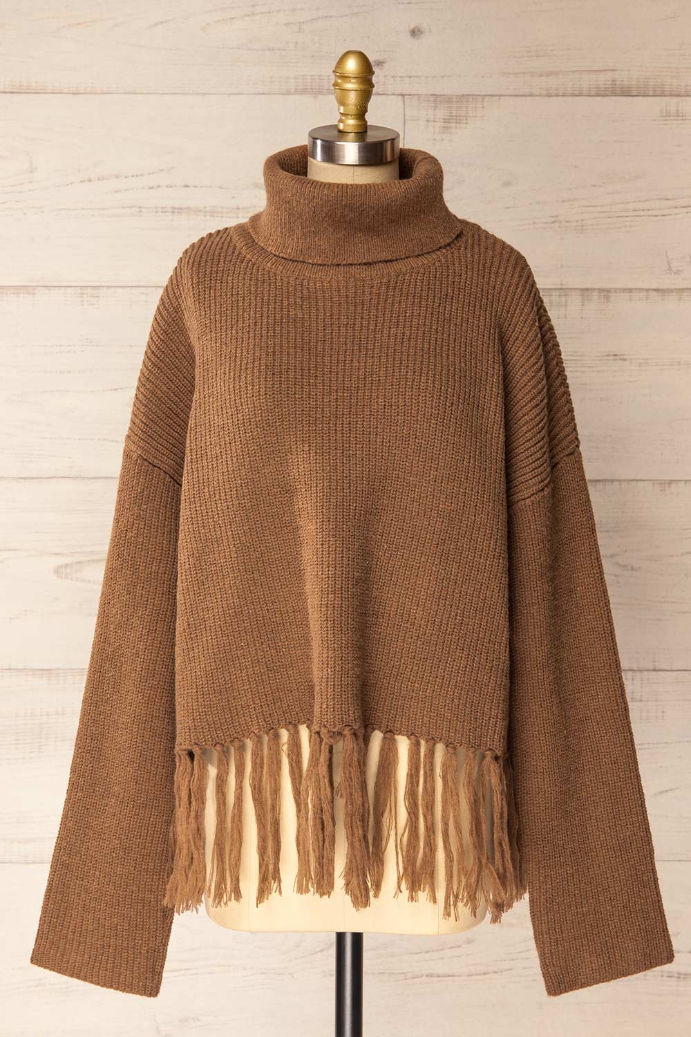 Sauzon Caramel Oversized Turtleneck Sweater with Fringes | La petite garçonne front view