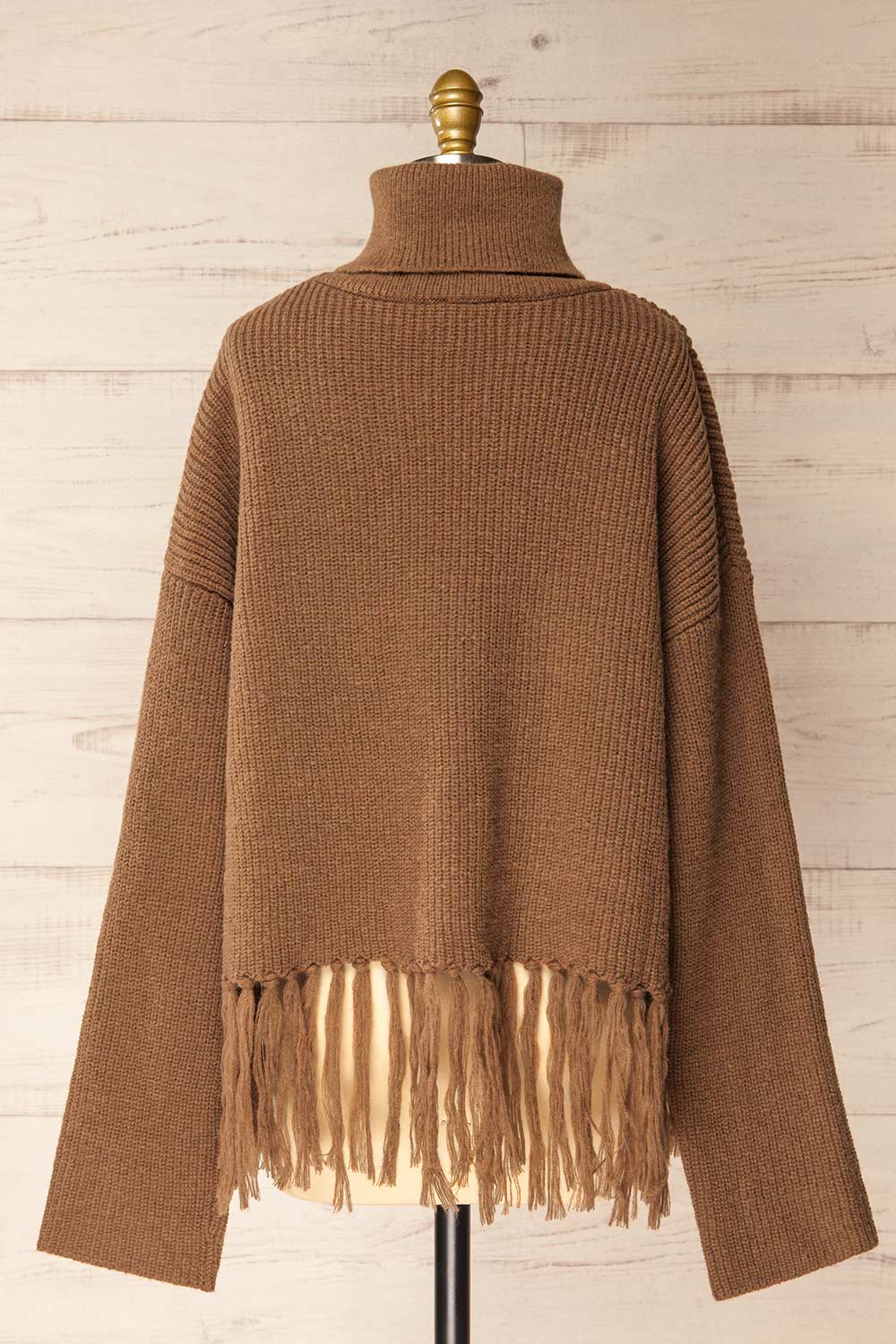 Sauzon Caramel Oversized Turtleneck Sweater with Fringes | La petite garçonne back view