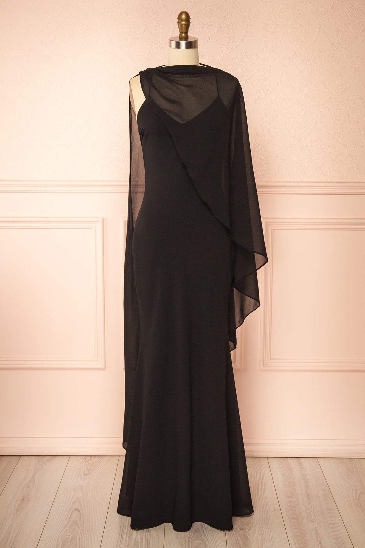 Sawako Black | Maxi Dress with Asymmetrical Cape