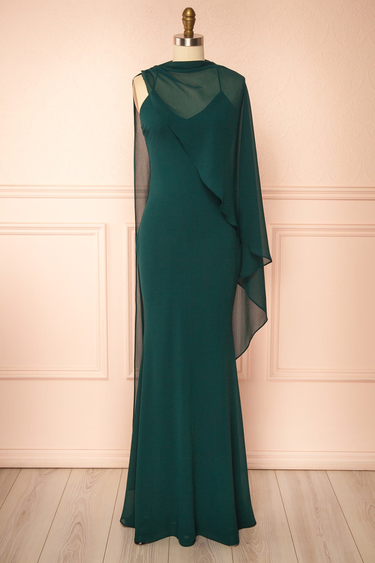 Sawako Green | Maxi Dress with Asymmetrical Cape