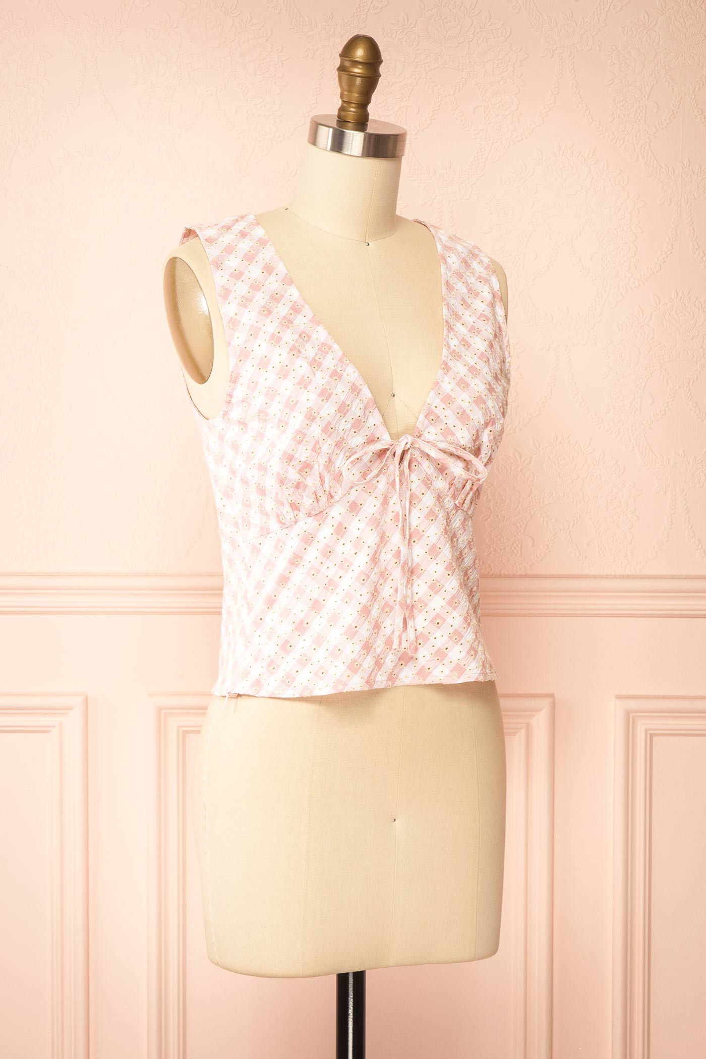 Sayama | Pink Gingham Eyelet V-Neck Top with Front Tie